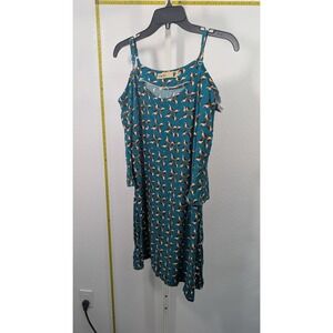 Orb Teal Blue Bird Print Cold Shoulder Mini Dress Petite P Long‎ Sleeve Boho
